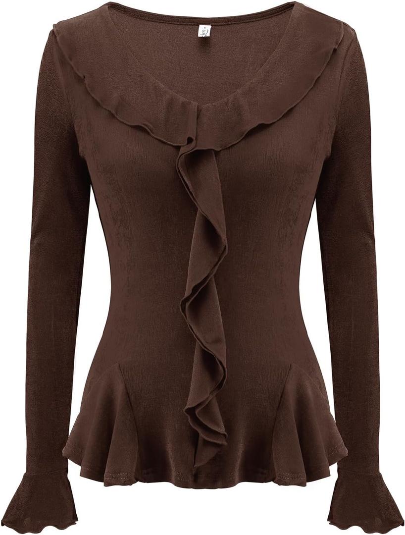 Meetjen Women's Long Sleeve Tops Slim Fit Wrap V Neck Ruffle 2026 Spring Trendy Casual Going Out Shirt Tee Blouses (XXL)