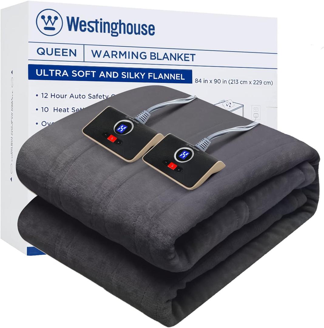 Westinghouse Queen Size Electric Heating Blanket, 10 Levels, Auto Shut Off, Fast Heating, Machine Washable (Queen, 84x90 Inches, Charcoal)