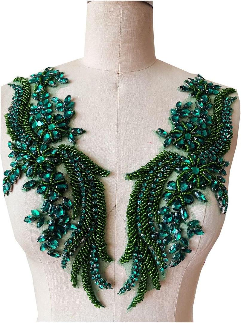 wtbv.n Handsewing rhinestones beads lace applique for dress clothing accessories trim patches one pair (deepgreen)