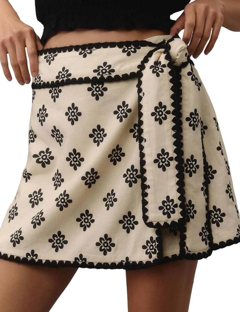 Tomosc Women Wrap Skort 2025 Casual Fall Flowy Mini Skirt Knot Side Elastic Waist Relaxed Printed Skirt with Belt (Large, Beige)