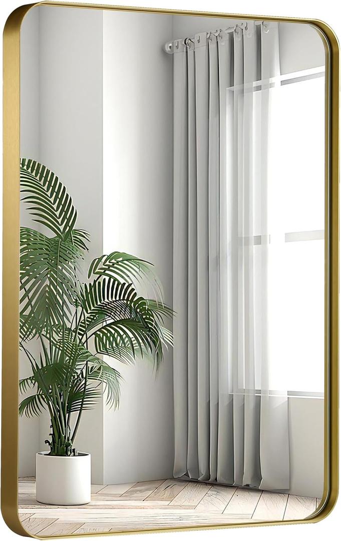 24x36 Inch Gold Bathroom Mirror, Brushed Metal Framed Rectangle Mirror with Rounded Corner, Gold Bathroom Vanity Mirror for Bedroom or Living Room, Horizontal/Vertical