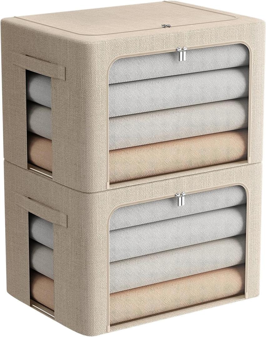 2 Pack Clear Window Storage Bins Large Foldable Fabric Storage Bins Boxes for Clothes Stackable Box Organizer Set with Carrying Handles (Beige, 19.7x 15.7x 12.5 Inch)