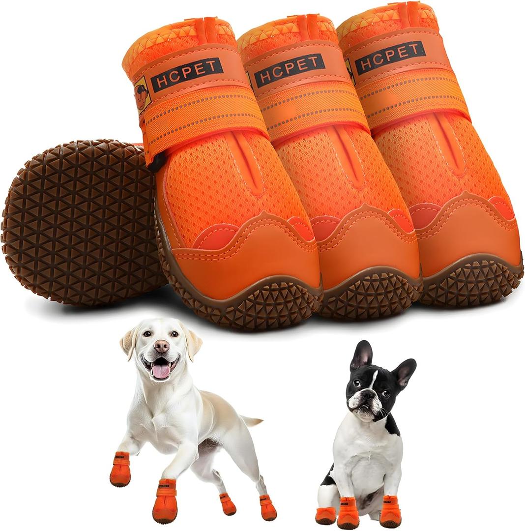 Hcpet Dog Shoes for Large Dogs, Breathable Dog Booties for Small Medium Dogs, Anti-Slip Dog Boots & Paw Protectors for Hot Pavement Winter Snow Hiking with Reflective Straps Orange Size 1 (#1 (Width 1.37 inch) for 10-23 lbs)