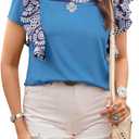 MakeMeChic Women's Floral Blouse Crew Neck Short Sleeve Keyhole Summer Boho Shirt (Blue, M)