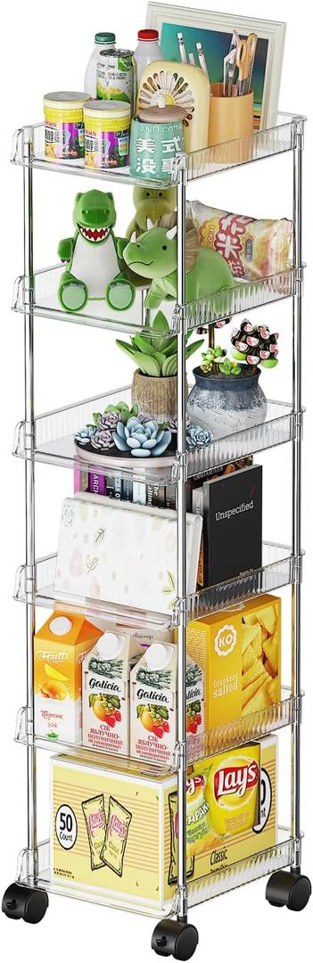 LUCKNOCK Slim Rolling Storage Cart for Small Spaces, 6-Tier Bathroom & Kitchen Organizer with Wheels, Narrow Mobile Shelving Unit, Stackable Design for Office, Laundry Room, and Tight Corners (Clear)