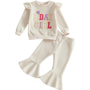 Kayotuas Toddler Baby Girls Birthday Outfits Birthday Girl Shirt Ruffle Sleeve Sweatshirt Bell Bottom Pants Cute Fall Clothes (18-24 Months, Apricot)