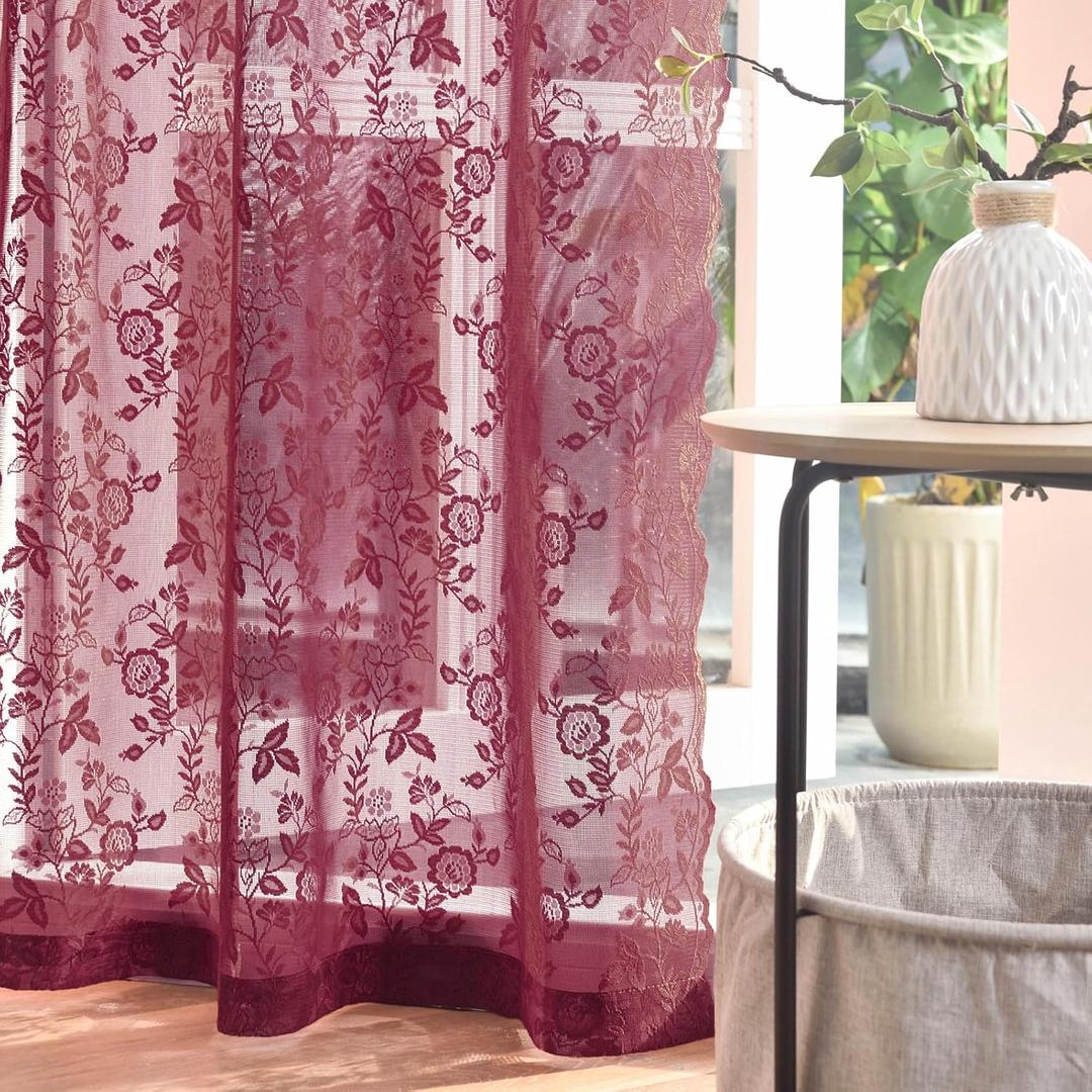FINECITY Burgundy Sheer Curtains 96 Inches Long - 2 Panels Rustic Leaf Floral Pattern Maroon Lace Curtains for Living Room, Rod Pocket Privacy Light Filtering Red Wine Window Drapes, 52 x 96 Inch