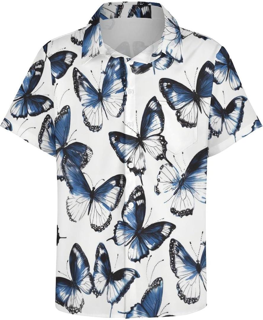 Men's Hawaiian Shirts Novel Butterfly Print Button Down Shirts Tropical Casual Beach Shirt (White, M)
