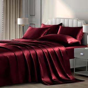 P Pothuiny 6 Pieces King Satin Sheets Luxury Silky Burgundy Satin Bedding Sheet Set, 1 Deep Pocket Fitted Sheet + 1 Flat Sheet + 4 Pillow Cases