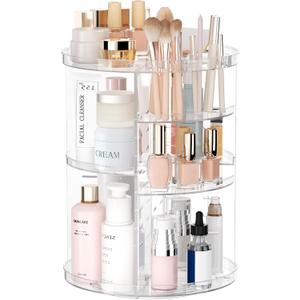 Rotating Makeup Organizer, DIY 8 Adjustable Layers Spinning Skincare Organizer, Cosmetic Display Case with Brush Holder Perfume Tray, Multi-Function Storage Carousel for Vanity Bathroom Countertop (Clear)