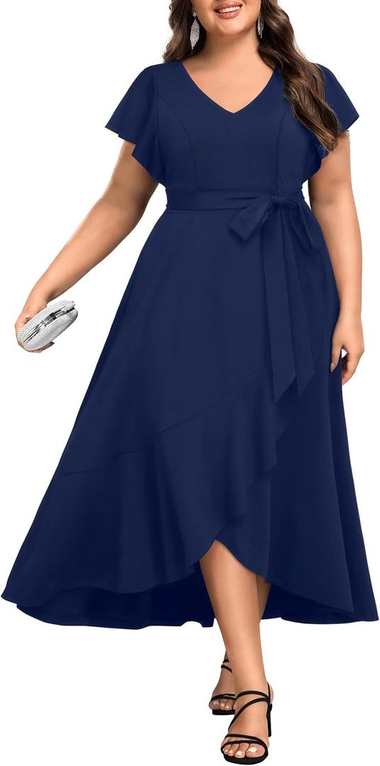 Talisea Women Navy Blue Plus Size Formal Dress High Low V Neck Maxi Wedding Guest Cocktail Party Long Dresses 2025 (20 Plus)