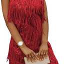 Womens Sequin Tassel Fringe Party Dress Sleeveless Spaghetti Straps Flapper Dresses Cocktail Mini Dresses. Size XL