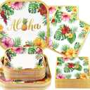 Grencian 200Pcs Hawaiian Luau Party Decorations Aloha Tropical Hibiscus Floral Luau Plates and Napkins Palm Leaf Tableware Sets for Summer Holiday Hawaiian Birthday Dinner Party Supplies Serves 50