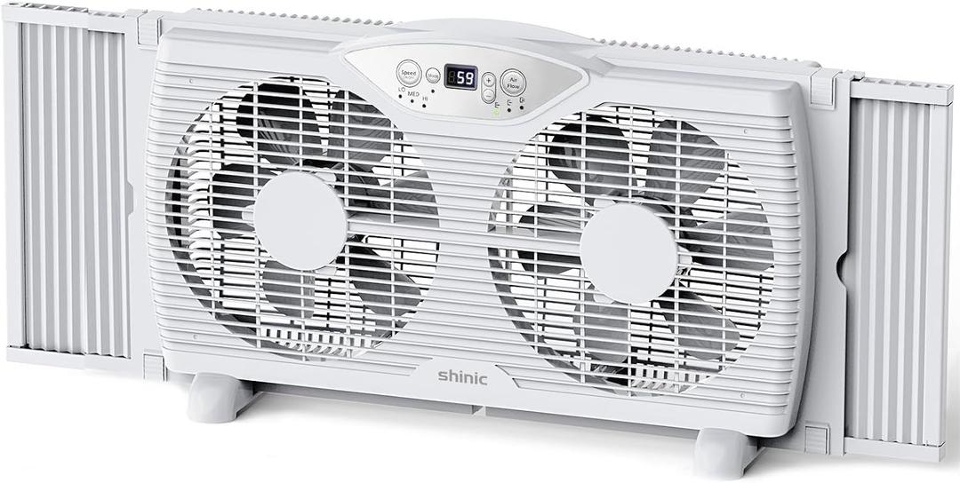 shinic Twin Window Fan, 9-Inch Blades Reversible Airflow, Thermostat Control, 3 Speeds, 3 Functions, 23.8"-37" Expandable Width, Window Exchaust Fans for Home Bedroom, ETL Certified, 23.8"W x 4.0"D x 12.2"H