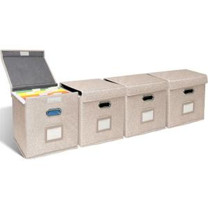 4 Pack Hanging File Folder Box with Lid, Durable Letter Size Filing Storage Box, Sturdy File Holder with Cardboard Support PVC Rails for Office Home Organizer, Beige