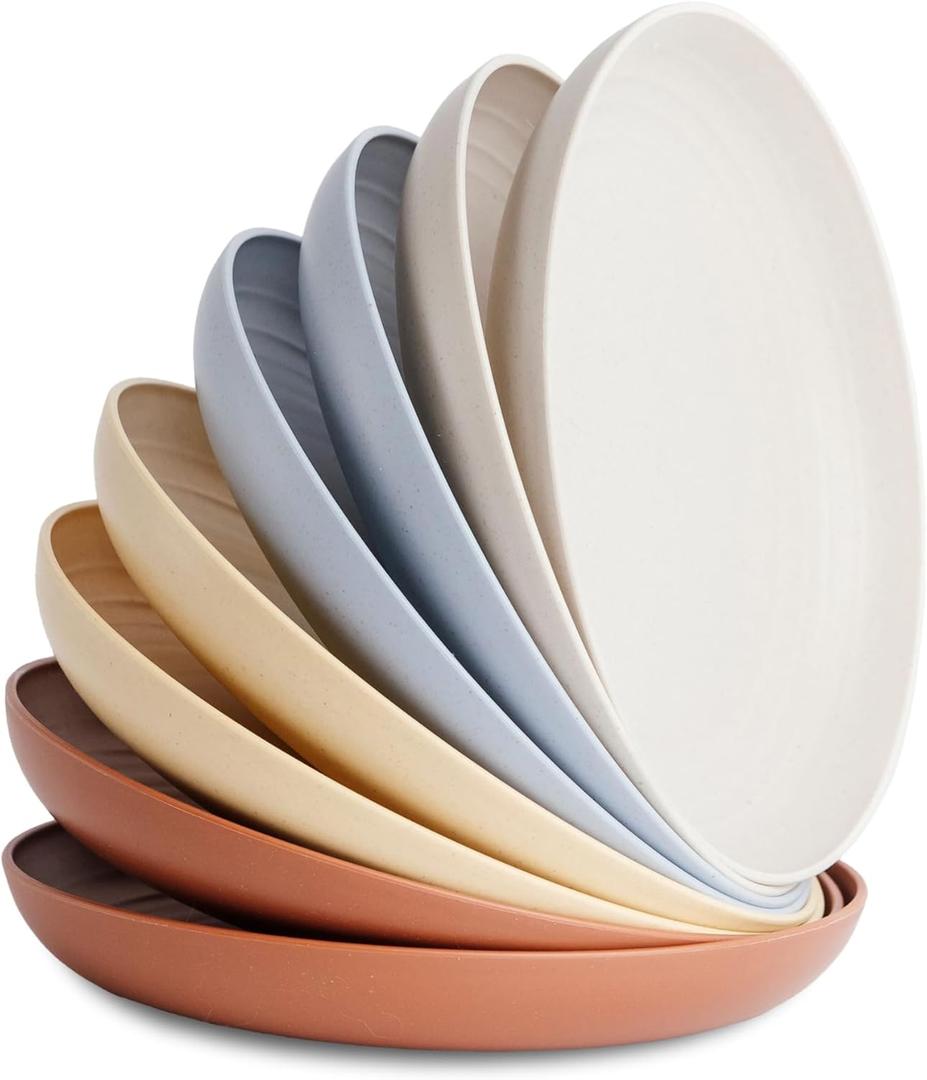 Nook Theory 8-Pack Reusable Wheat Straw Plates Set - Non Toxic and Non Plastic Dinner Plates for Kids and Adults, Lightweight Unbreakable Plate, Microwave Safe and Dishwasher Safe (Mellow 9")