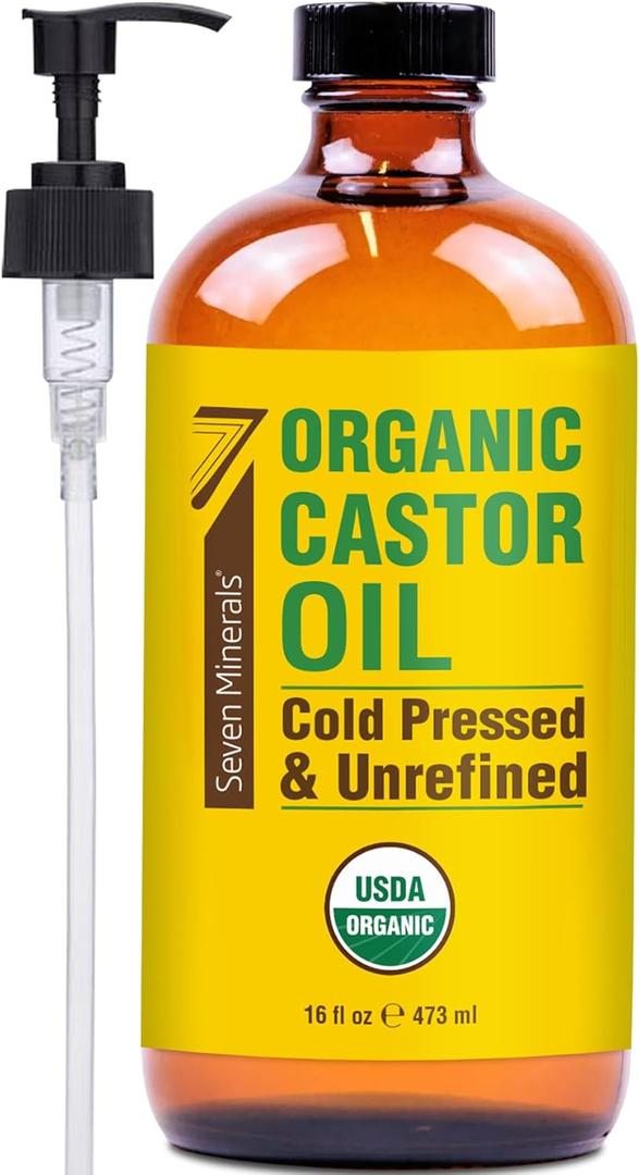 Seven Minerals New 16 fl oz Glass Bottle Castor Oil Organic Cold Pressed Unrefined Glass Bottle Pack - 100% Pure USDA Certified Organic Hexane Free, 03/2027 