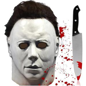 Halloween Horror Mask Scary Latex Full Head Mask with Prop Knife Cosplay Costume Set Halloween Parties for Adults (White)