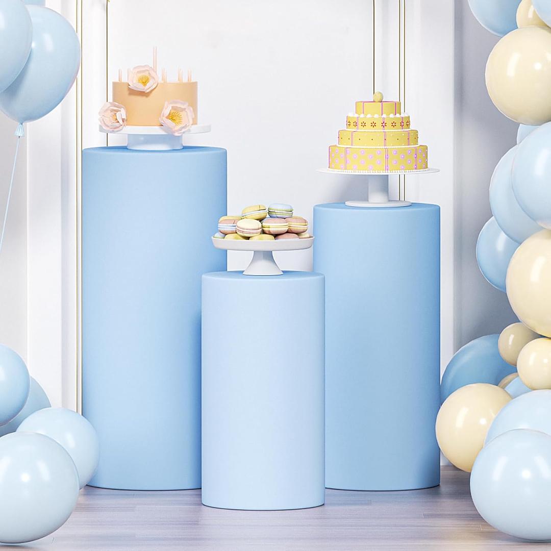 LEBENGURU 3Pcs Cylinder Pedestal Stand Covers Blue, Round Spandex Display Pedestal Covers, Elastic Cloth Plinth Pillar Cover for Parties Wedding Birthday Event Decor Props (Only Covers)