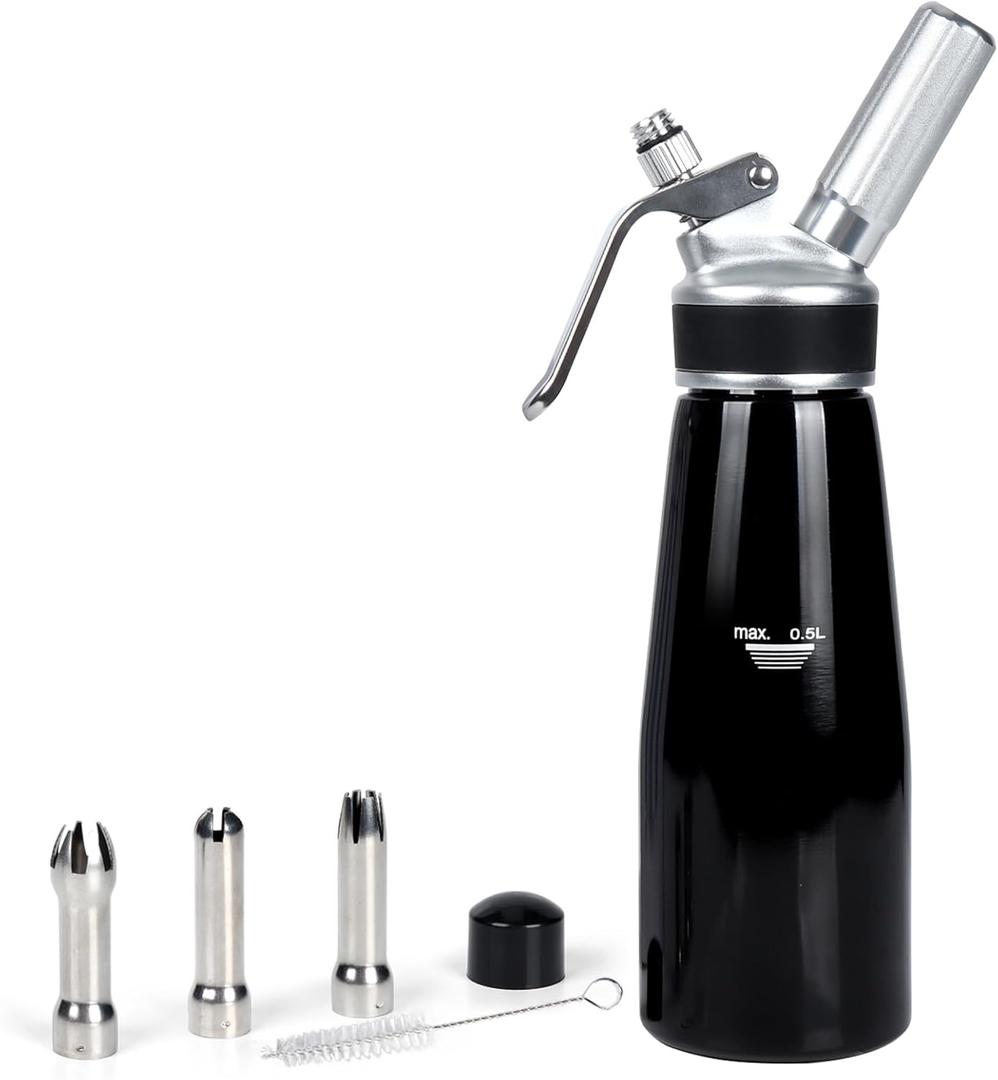 Whipped Cream Dispenser, 500ml Cream Whipper Whipped Cream Canister,Sturdy Aluminum Whipped Cream Maker with 3 Decorating Nozzles,Leak Resistant,Use Standard 8 Gram N2O Chargers (Not Included) (1 Pint-Black)