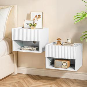 Floating Nightstand Bedroom Bedside Table - Wood Night Stand Set 2 for Small Spaces, Wall Mounted Cabinet with Storage Drawer, White Modern Night Stand for Dorm Hallway Entryway, Pure White, Set of 2