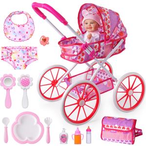 BABESIDE 10 Pcs Baby Doll Stroller Set with Feeding Doll Accessories, Baby Doll Stroller Toys for 12 Inch Dolls, Pretend Play Feeding Toy for Toddlers (Doll Not Included)