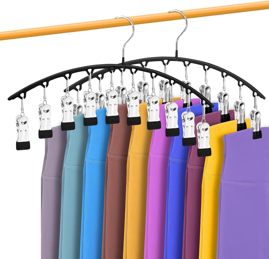 InPoTo Legging Organizer for Closet, Metal Yoga Pants Hangers 2 Pack w/10 Clips Holds 20 Leggings, Space Saving, Clips Hanger for Pants, Shorts, Scarf, Hats Black