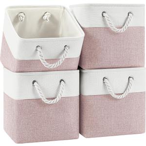 11 Inch Cube Storage Bins, 4 Pack Fabric Storage Cubes with Rope Handles, Organizer Baskets for Closet Shelves, Clothes and Home Organization(White/Pink)