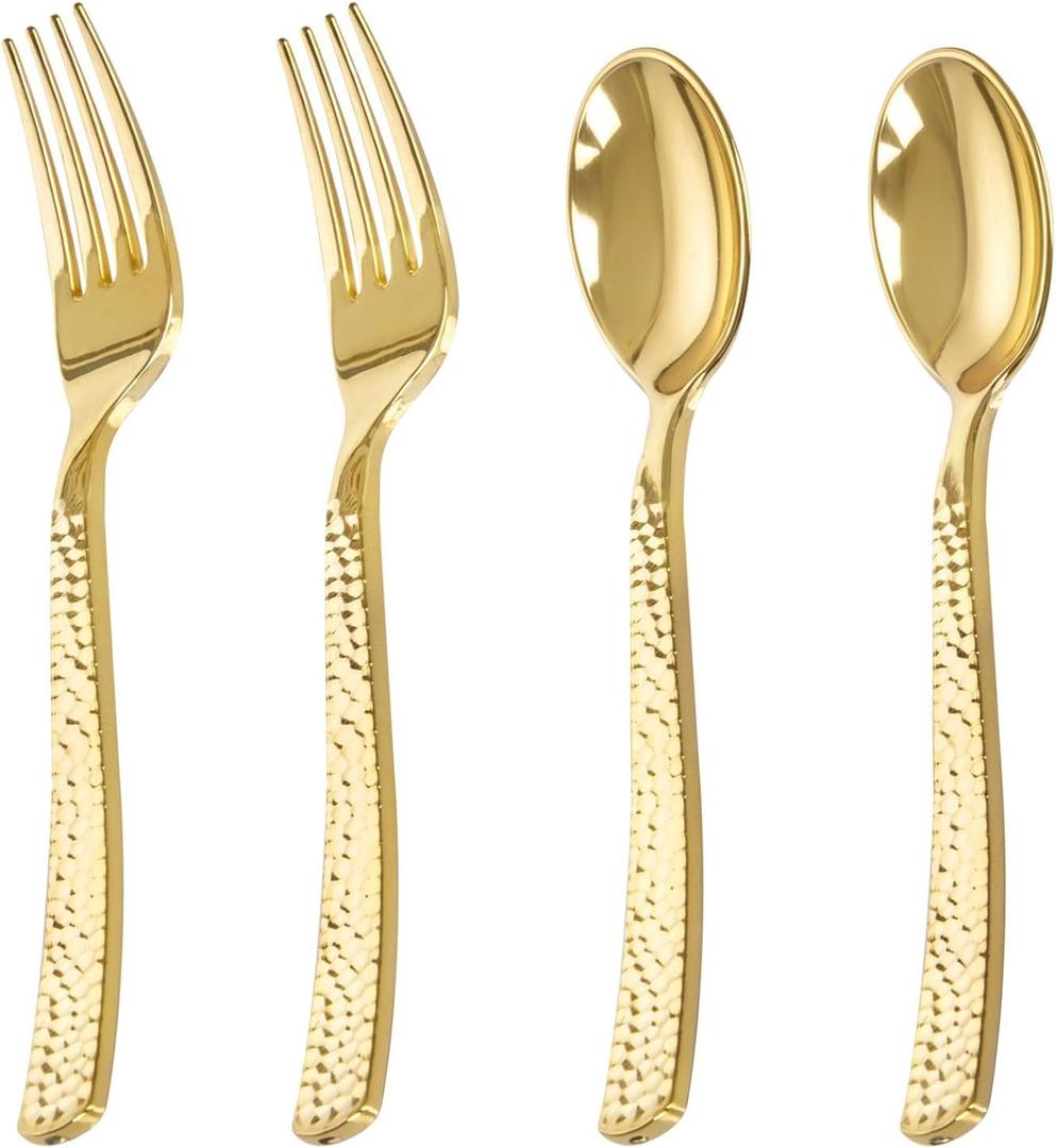 KIRE 400PCS Gold Plastic Spoons and Forks Disposable - Gold Plastic Silverware Set Disposable - 200 Forks and 200 Spoons for Wedding, Birthday, Party