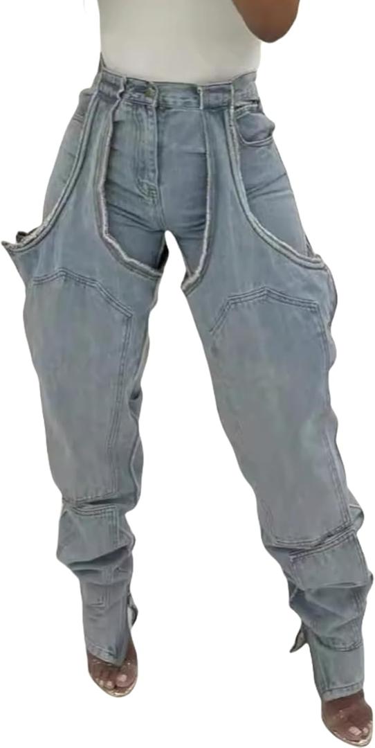 Vakkest Women's Baggy Denim Jeans Patchwwork Pants High Cutout Straight Wide Leg Stretchy Ripped Pants Y2K Streetwear (X-Large, Dark Blue)