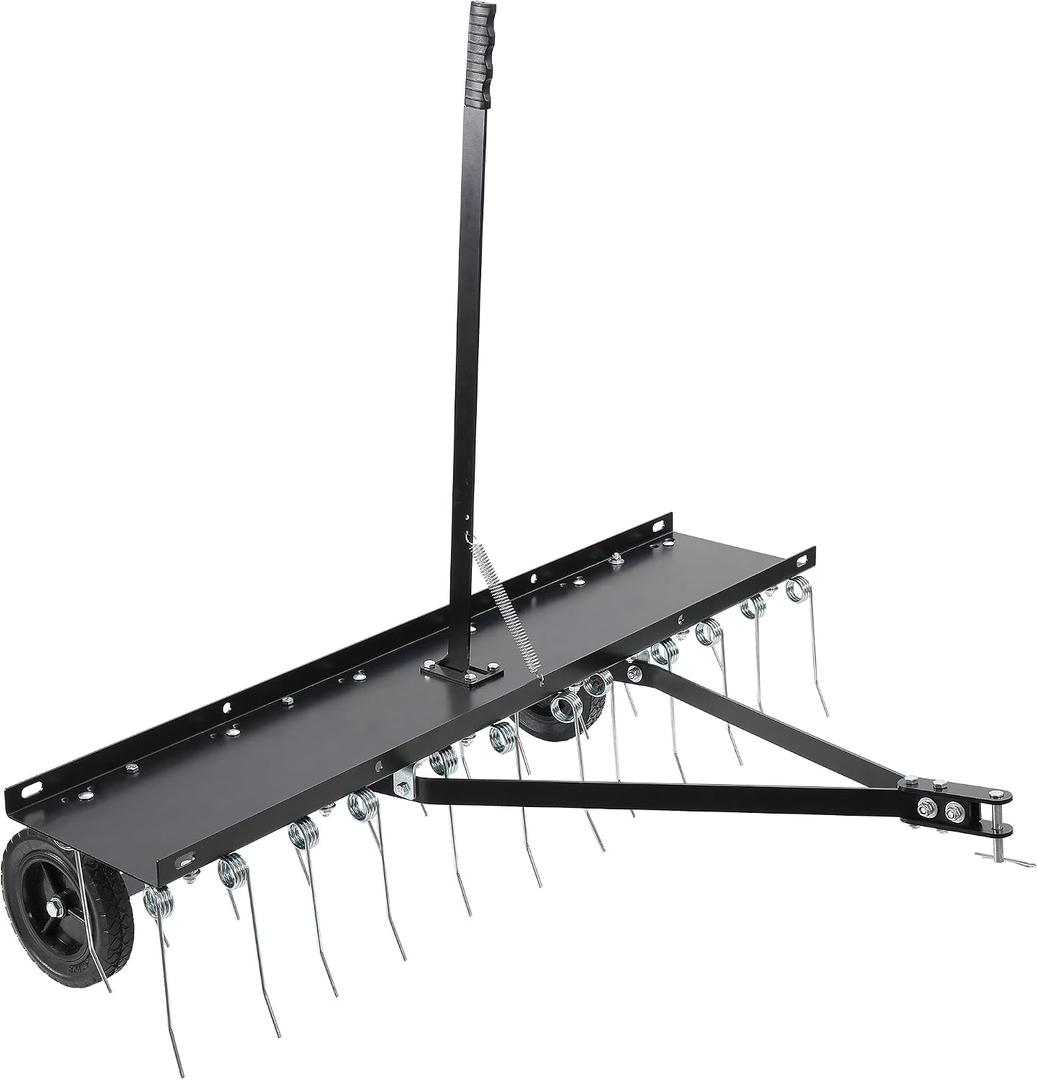 Tow Behind Aerator, 40 inch Lawn Pull Dethatcher with 20 Spring Steel Tines and Lift Handle for Outdoor Yard Care, Lawn Sweeper to Remove Thatch, Leaves and Pine Needles, Black