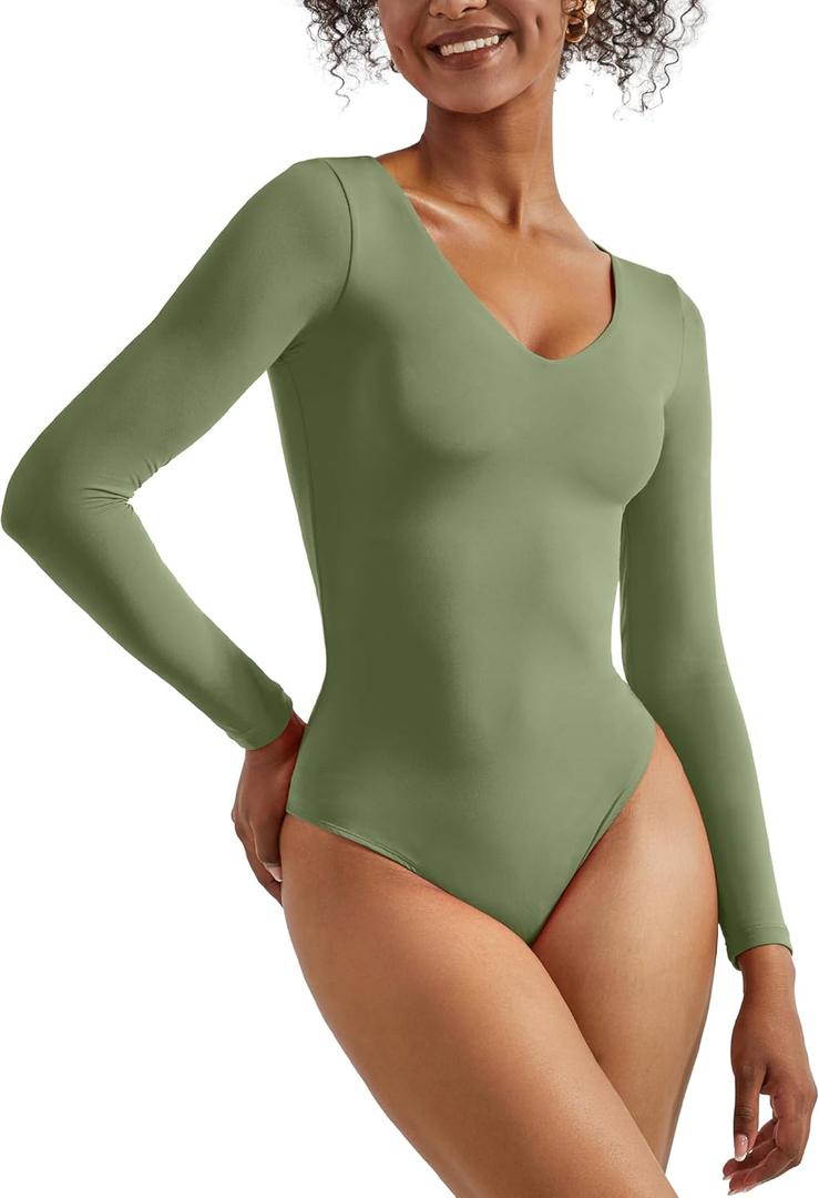 SUUKSESS Women V Neck Double Lined Bodysuit Sexy Long Sleeve Thong Bodysuit Shirts (Small, 02 Army Green)