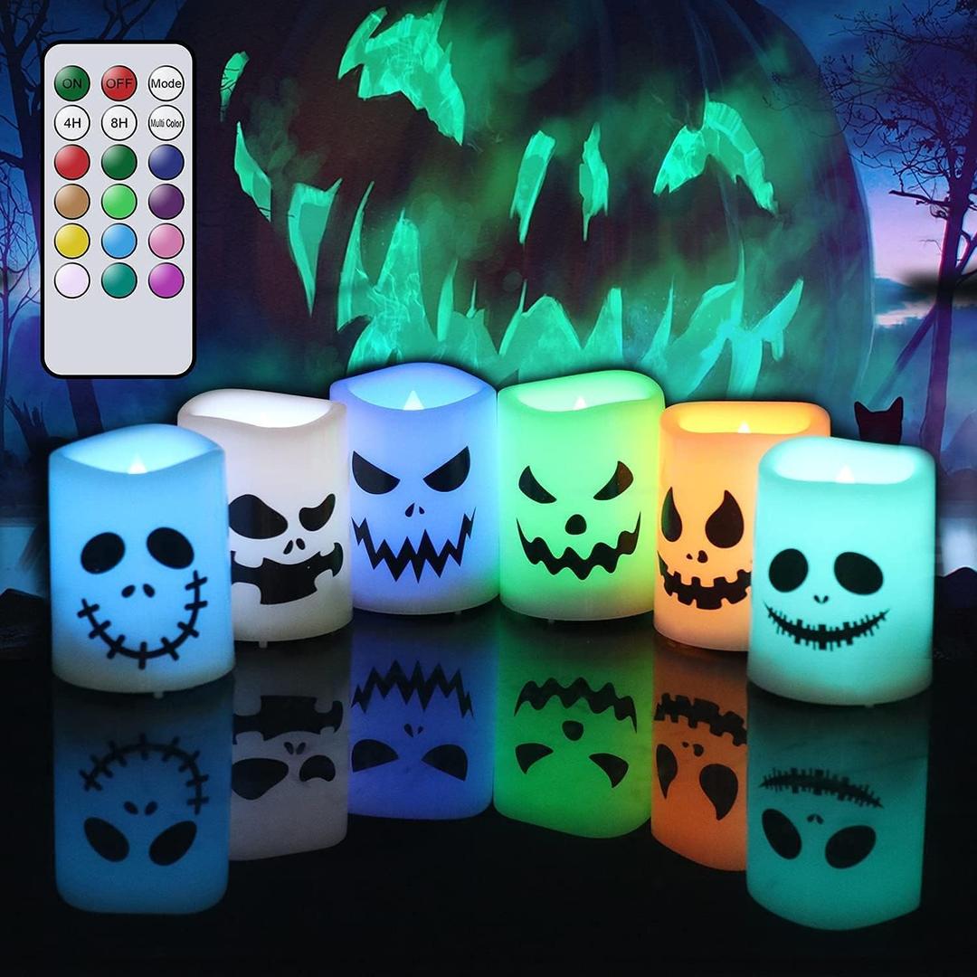 GenSwin Halloween Flameless Votive Candles Color Changing with Remote Timer, Battery Operated LED Tealight Candles for Halloween Home Decoration Gifts (Pack of 6, 1.5 x 2) (Battery Included) (6-Ghost Face)