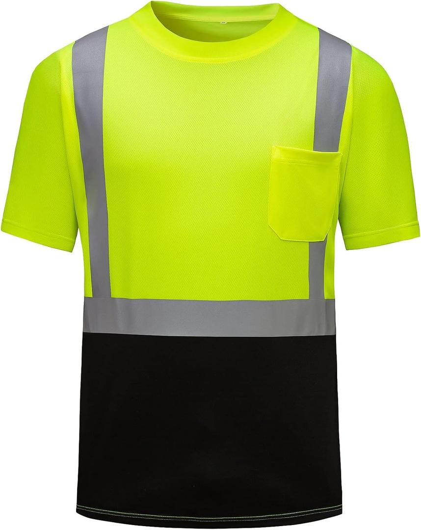 DPSAFETY High Visibility Shirts Quick Dry Safety T Shirts with Reflective Strips and Pocket Short Sleeve Mesh Hi Vis Construction Work Class 2 Shirt for Men/ Women Black Bottom Lime, XL