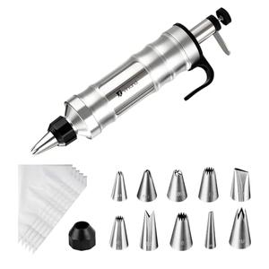 Dessert Decorating Syringe Set Icing Piping Kit Frosting Piping Kit Stainless Steels Cake Decorating Kit with 10 food grade stainless steel piping tips & 50 Disposable Piping Bags Black