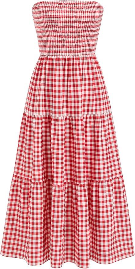 CIDER Women's Strapless Dress with Pockets Tube Striped Long Midi Dresses A Line Beach Vacation Casual Summer Outfits Fiery Red, Medium