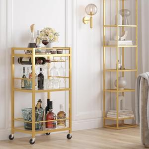 TUTOTAK Bar Cart, Home Bar Serving Cart with 3-Tier Mirrored Shelf, Drink Cart, Mobile Kitchen Shelf with Wine Rack, Gold BC01BB033