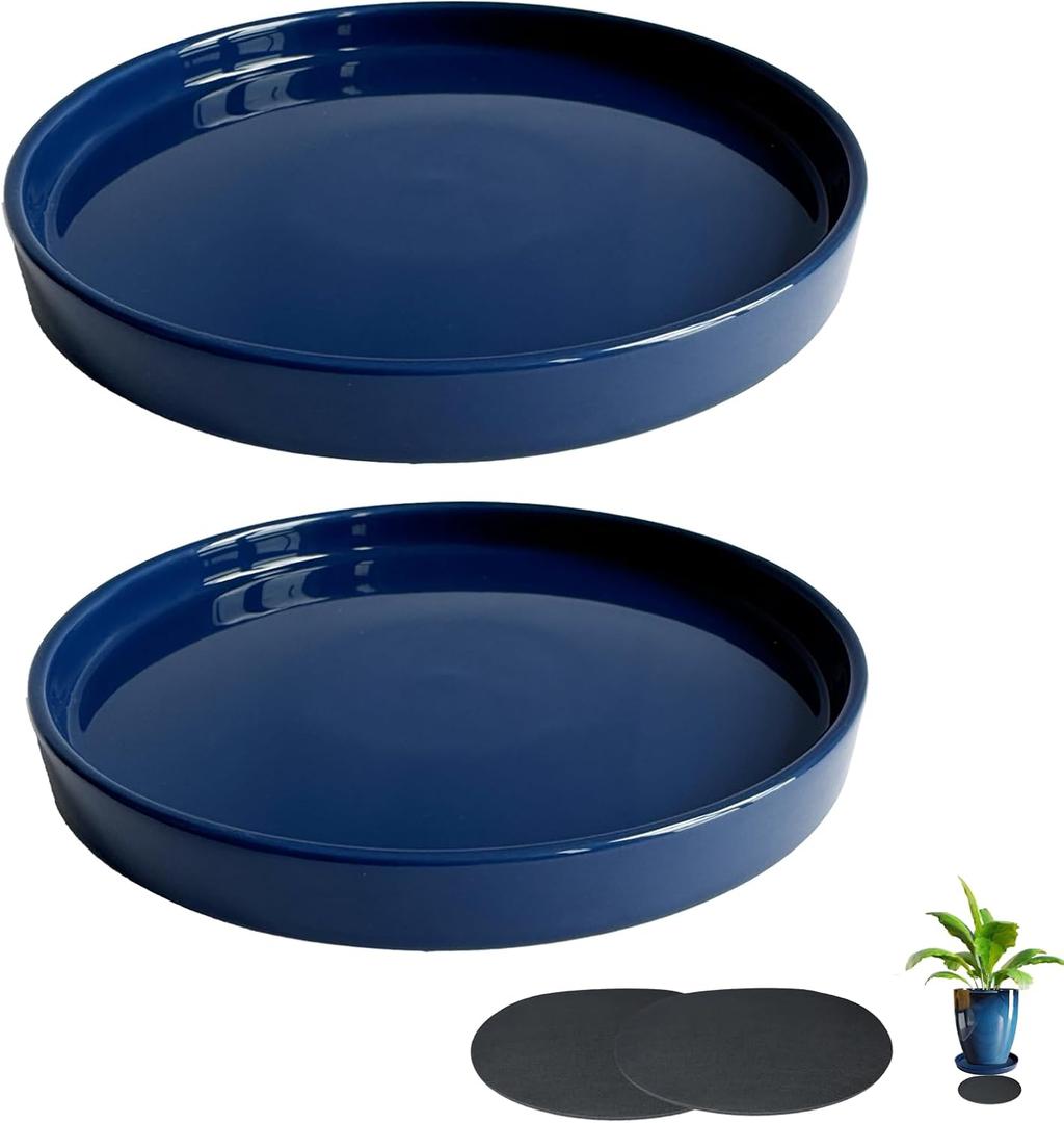 Ceramic Plant Saucer Pot Tray Blue 2pcs-12 Inch, Planter Saucers 4 5 6 7 8 9 10 11 12 Inch for Indoors Outdoor, Durable Sturdy Flower Drainage Tray for Glazed Pots Base (12.5 Inch-Blue)
