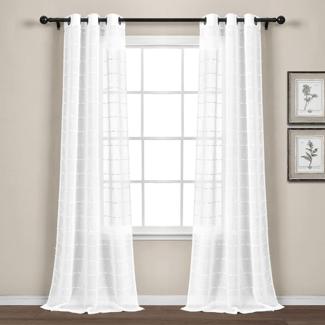 Lush Decor Farmhouse Textured Grommet Sheer Window Curtain Panel Pair, 38"W x 95"L, Bleach White