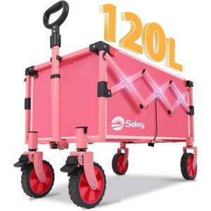 Wagon with Brakes, Foldable Cart with 220LBS Capacity, Utility Lightweight Wagon, Collapsible Grocery Shopping Cart for Camping Sports & Holiday.Barbie Pink