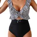 Eomenie One Piece Swimsuit for Women Tummy Control Ruffle Bathing Suit V Neck Ruched Swim Suit Slimming Cutout Swimwear (Large, Black Plaid)
