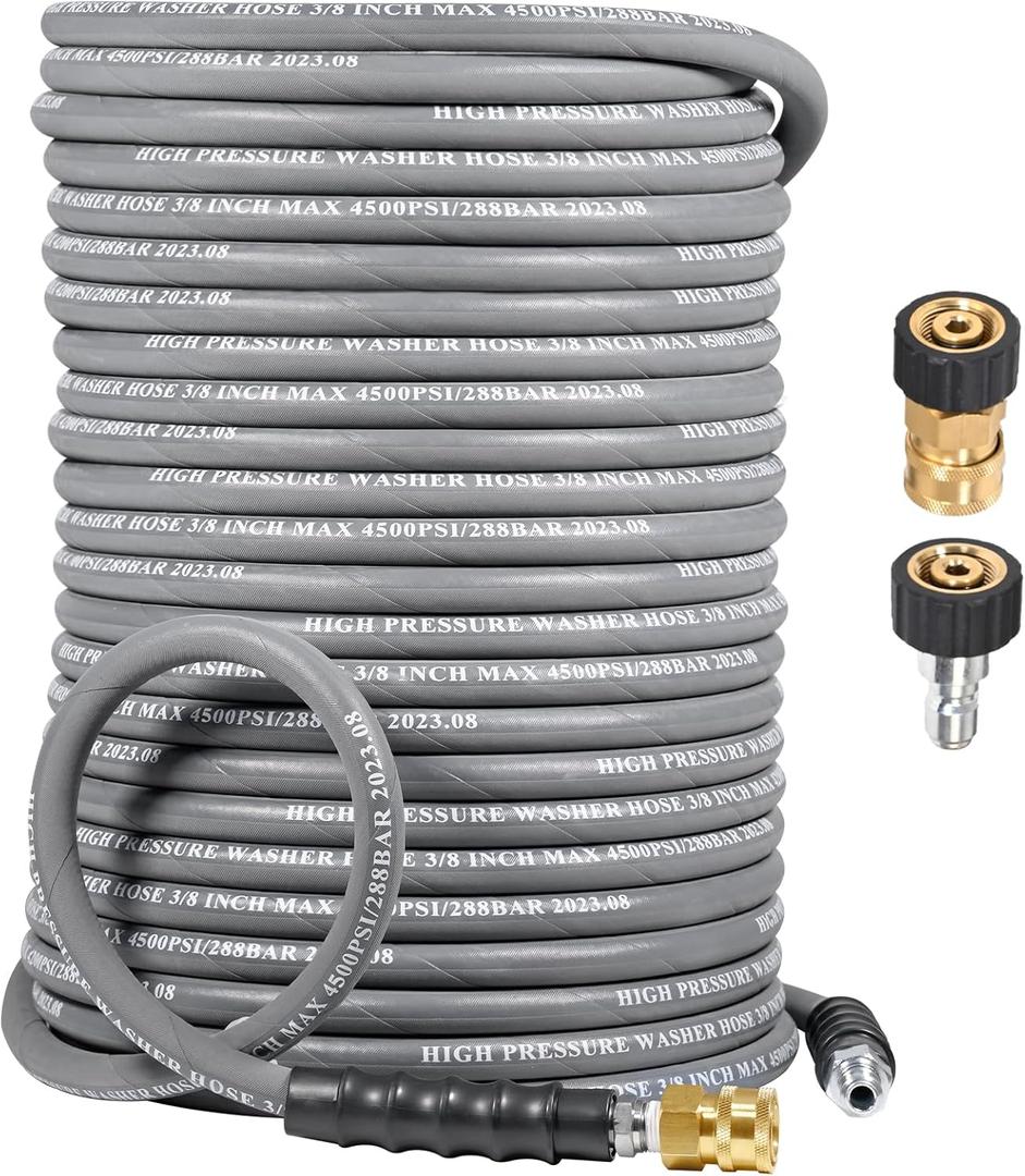 3/8" Pressure Washer Hose 125 FT 4500 PSI, Steel Braided Layer & NonMarking Rubber for Hot/Cold Water High Power Washer Replacement With 3/8 Inch Quick Connect & M22 Fitting, Industrial-grade (Gray)