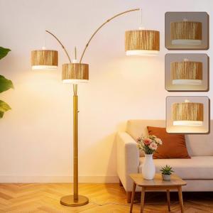 Gold Arc Floor Lamp for Living Room, Mid Century Floor Lamp with Stepless Dimmable Switch, Boho Standing Lamp with Wicker&Fabric Shade, Rattan Tall Lamp for Bedroom Over Couch Reading