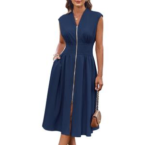 GRACE KARIN Womens Summer Casual Dress, Business Office Work Dresses, Cap Sleeve Zipper Front Flowy Midi Dress with Pockets (Blue, XXL)
