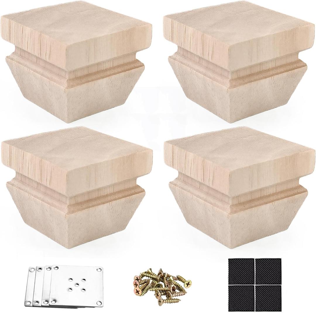 2 Inch Wooden Furniture Legs with Mounting Plates Screws Set of 4 Solid Wood Unfinished Replacement Furniture Feet for Couch Cabinet Sofa Dresser Ottoman TV Stand Bed Home