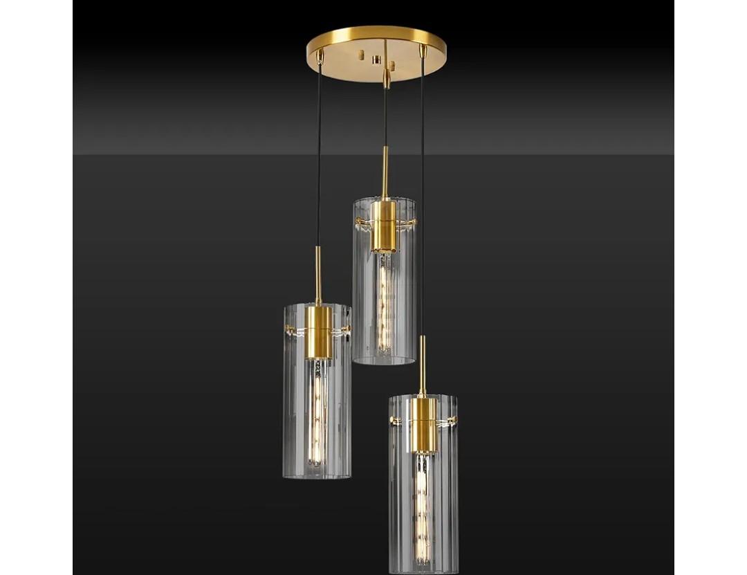 Brushed Gold Pendant Light Fixtures, 3-Light Modern Cluster Pendant Lights with Clear Striped Glass Shade, Farmhouse Brass Chandelier for Kitchen Island Dining Room Foyer