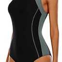 beautyin Women One Piece Sport Swimsuit Tummy Control Athletic Swimwear Black Grey