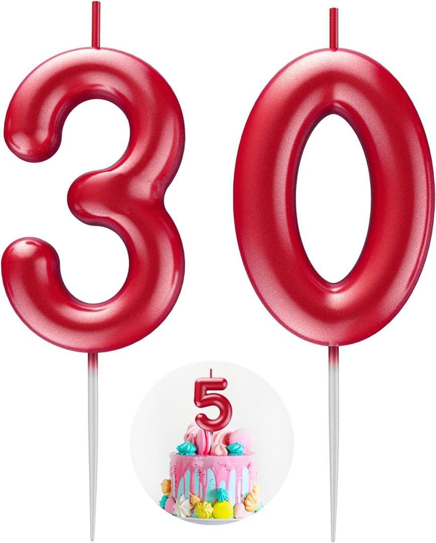 Red Number 30 Candle Happy Birthday 3D Number Candles for Birthday Cake Party Decoration Wedding Anniversary Celebration Supplies