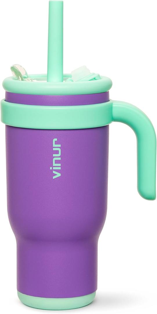 VINUR Kids Insulated Tumbler with Lid and Straw 17 oz-Spill Proof& Leak Resistant-Stainless Steel Vacuum Tumbler Travel Mug with Handle & Silicone Base-Cup Holder Friendly, Purple