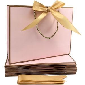 TKSBAG 12PCS Gift Bags Medium Size with Handles, 12.5 x 9.8 x 4.3 In Pink Gold Thank You Bags with Bow Ribbon for Wedding, Birthday, bridesmaid, Groomsmen, Party Favors, Mother's Day